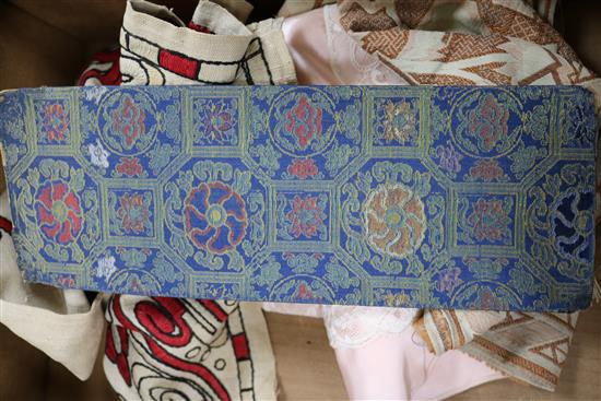 A Chinese embroidered silk and metal thread collar, a sage green brocade panel and other textiles